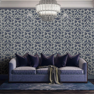 Luxury Blue Trellis Damask Wallpaper, Premium Non-Woven Wall Covering, 41.7"W x 398"H, Washable Removable for Living Room Bed