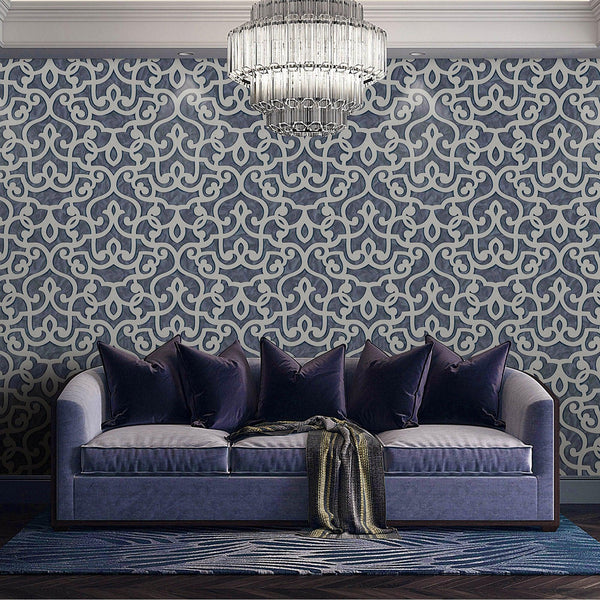 Luxury Blue Trellis Damask Wallpaper, Premium Non-Woven Wall Covering, 41.7"W x 398"H, Washable Removable for Living Room Bed