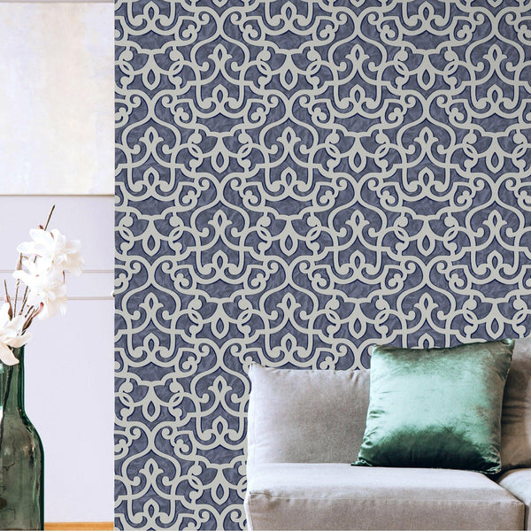 Luxury Blue Trellis Damask Wallpaper, Premium Non-Woven Wall Covering, 41.7"W x 398"H, Washable Removable for Living Room Bed
