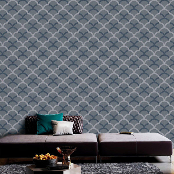 Luxury Blue Geometric Textured 3D Embossed Wallpaper, Traditional Non-Woven Wall Covering, 41.7"W x 398"H, Washable Removable