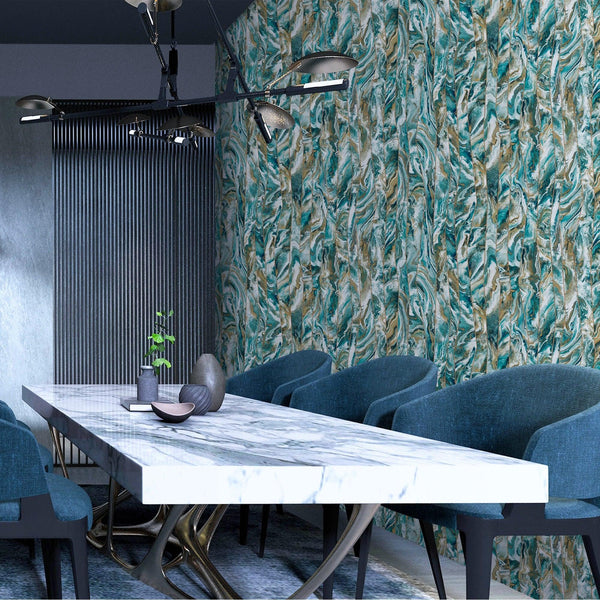 Luxury Blue Marble Striped Wallpaper, Coastal Non-Woven Wall Covering, 41.7"W x 398"H, Washable Removable for Living Room Bed