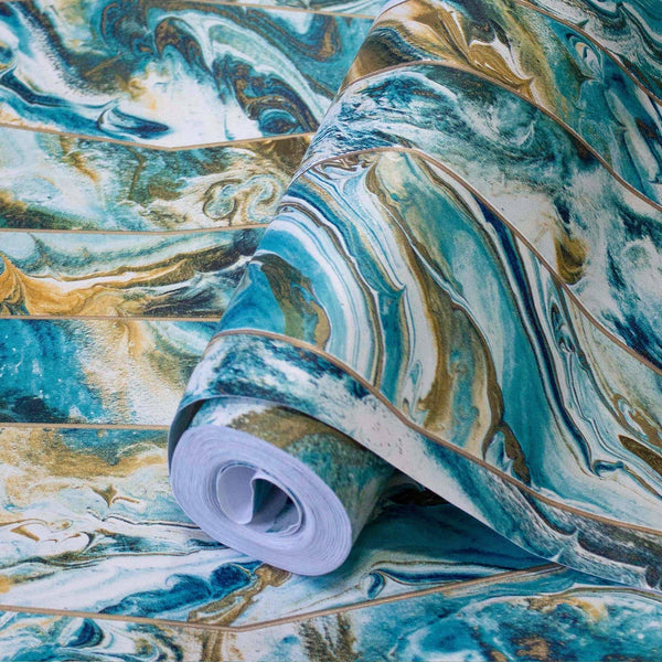Luxury Blue Marble Striped Wallpaper, Coastal Non-Woven Wall Covering, 41.7"W x 398"H, Washable Removable for Living Room Bed