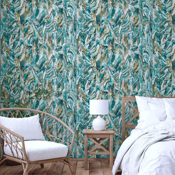 Luxury Blue Marble Striped Wallpaper, Coastal Non-Woven Wall Covering, 41.7"W x 398"H, Washable Removable for Living Room Bed