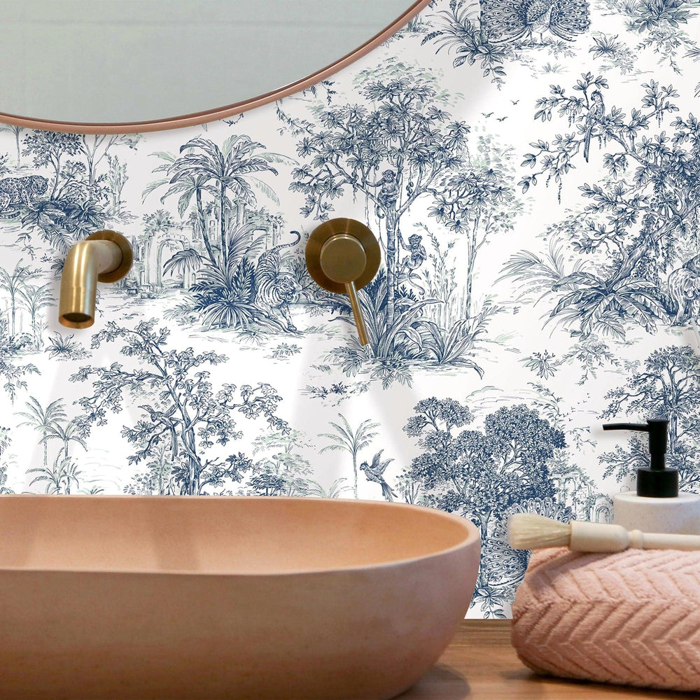 Luxury Blue Toile Tropical Textured Wallpaper, Coastal Non-Woven Wall Covering, 41.7"W x 614"H, Washable Removable for Living