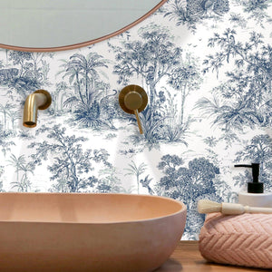 Luxury Blue Toile Tropical Textured Wallpaper, Coastal Non-Woven Wall Covering, 41.7"W x 614"H, Washable Removable for Living