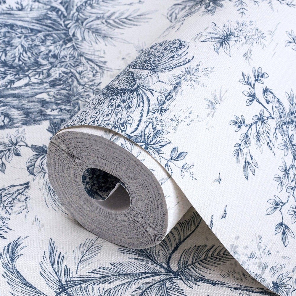 Luxury Blue Toile Tropical Textured Wallpaper, Coastal Non-Woven Wall Covering, 41.7"W x 614"H, Washable Removable for Living