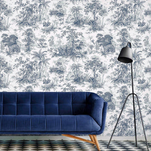 Luxury Blue Toile Tropical Textured Wallpaper, Coastal Non-Woven Wall Covering, 41.7"W x 614"H, Washable Removable for Living