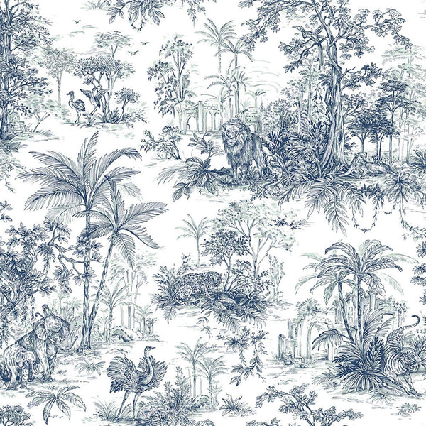 Luxury Blue Toile Tropical Textured Wallpaper, Coastal Non-Woven Wall Covering, 41.7"W x 614"H, Washable Removable for Living