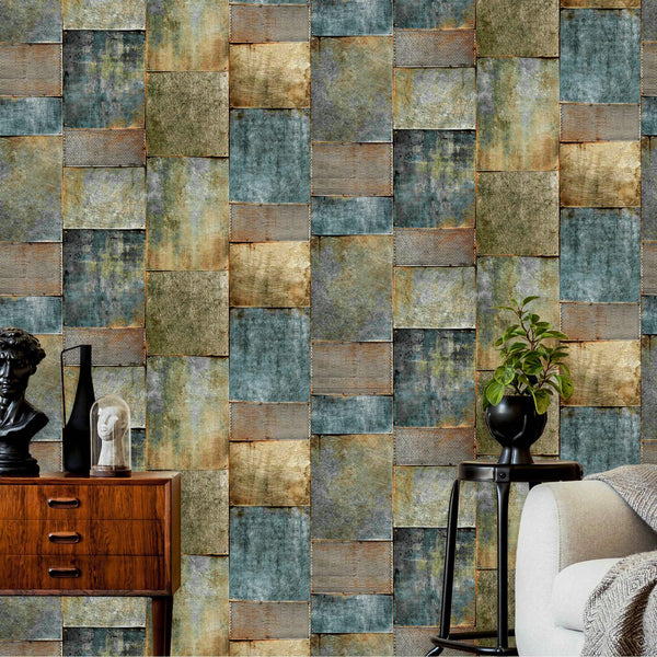 Luxury Blue Geometric Stone Textured Wallpaper, Industrial Non-Woven Wall Covering, 41.7"W x 398"H, Washable Removable for Li