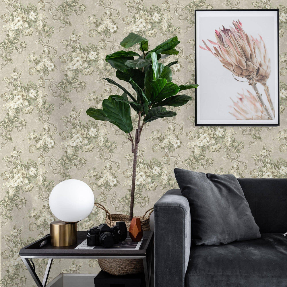 Luxury Beige Botanical Textured Wallpaper, Premium Non-Woven Wall Covering, 41.7"W x 398"H, Washable Removable for Living Roo