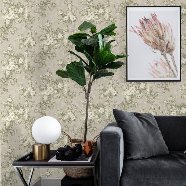 Luxury Beige Botanical Textured Wallpaper, Premium Non-Woven Wall Covering, 41.7"W x 398"H, Washable Removable for Living Roo