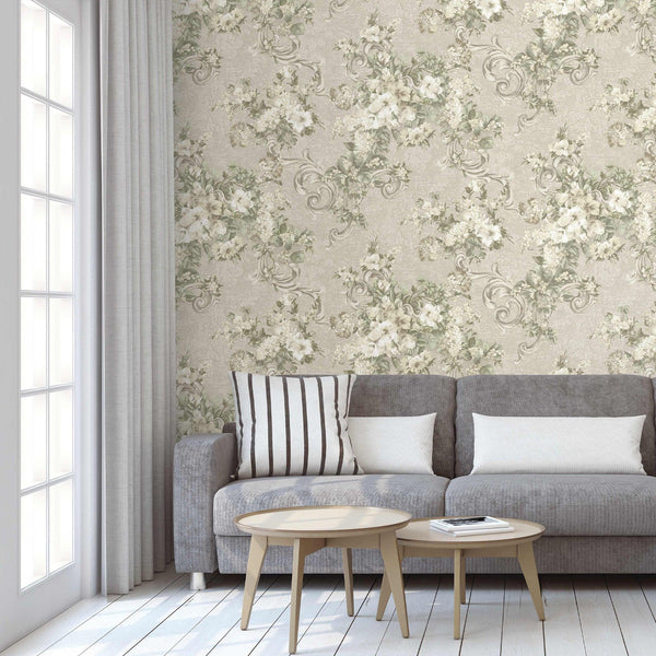 Luxury Beige Botanical Textured Wallpaper, Premium Non-Woven Wall Covering, 41.7"W x 398"H, Washable Removable for Living Roo