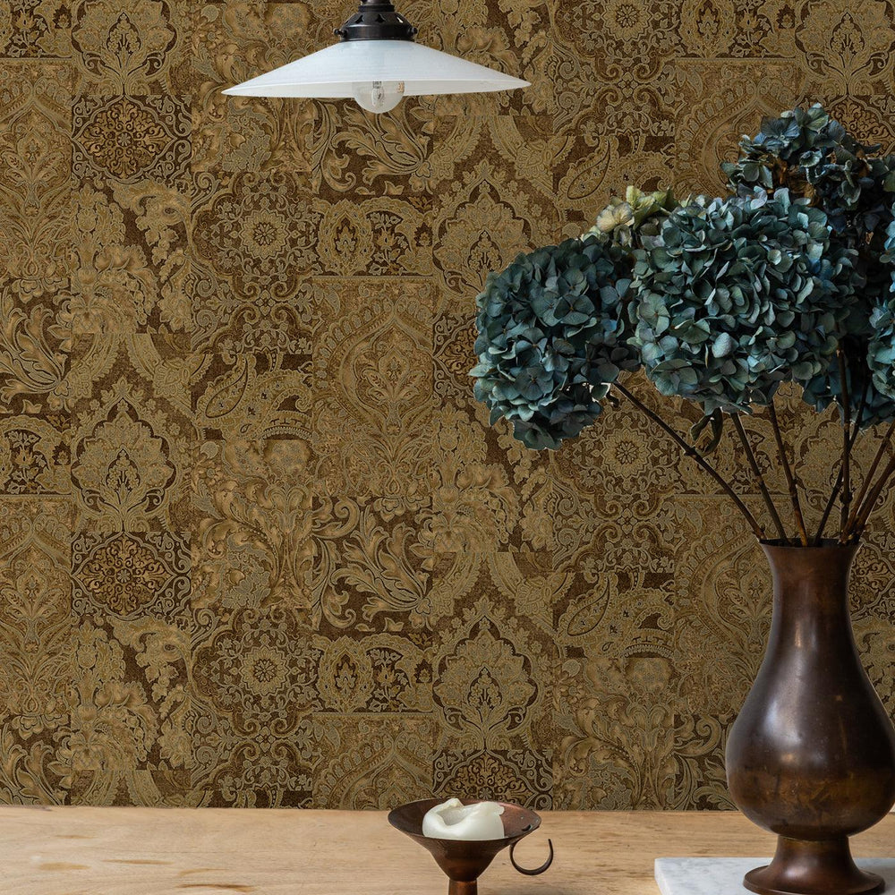 Luxury Brown Damask Textured 3D Embossed Wallpaper, Rustic Non-Woven Wall Covering, 41.7"W x 614"H, Washable Removable for Li