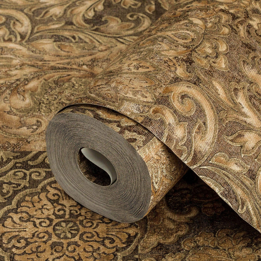 Luxury Brown Damask Textured 3D Embossed Wallpaper, Rustic Non-Woven Wall Covering, 41.7"W x 614"H, Washable Removable for Li