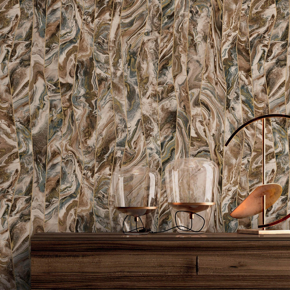 Luxury Brown Marble Striped Wallpaper, Modern Non-Woven Wall Covering, 41.7"W x 398"H, Washable Removable for Living Room Bed