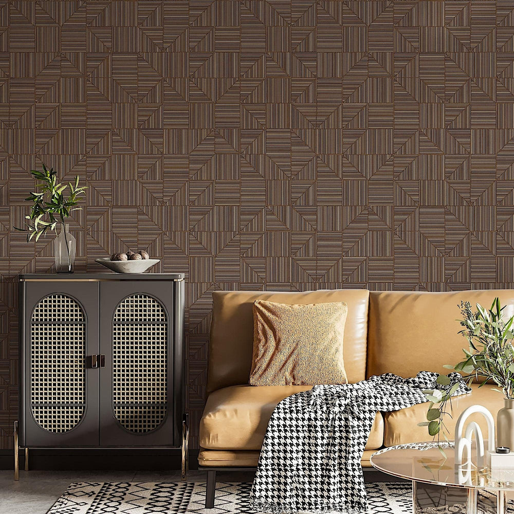 Luxury Brown Geometric Textured Wallpaper, Boho Non-Woven Wall Covering, 41.7"W x 614"H, Washable Removable for Living Room B
