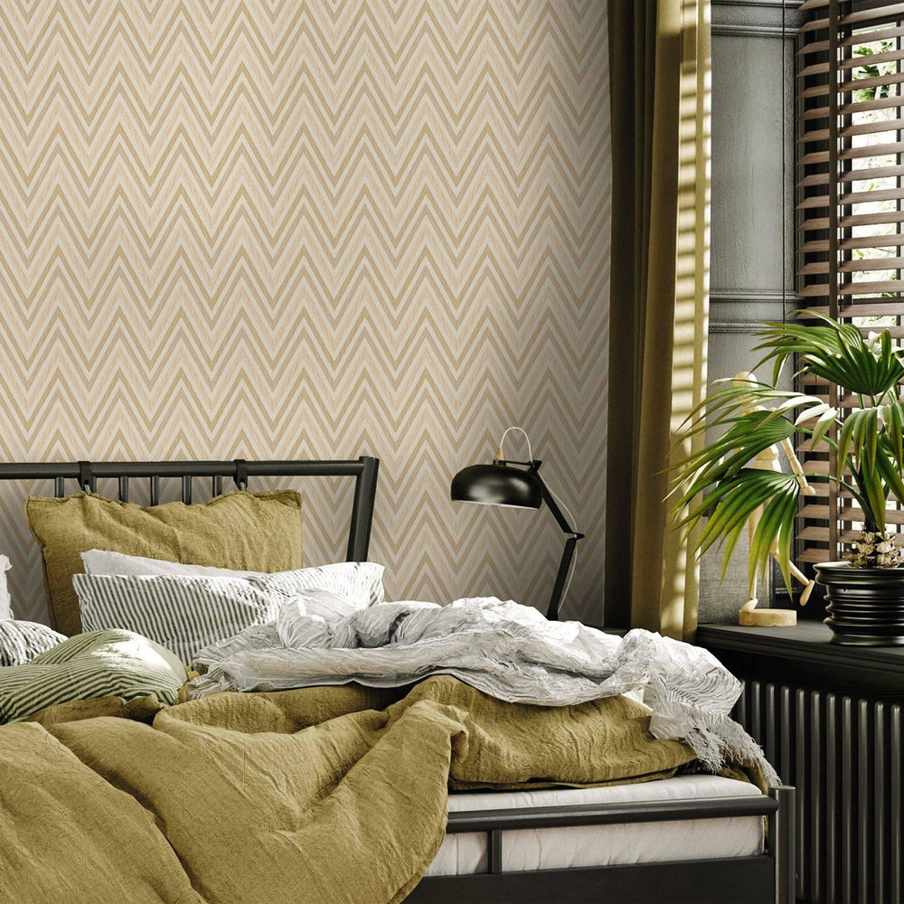 Luxury Beige Chevron Geometric Wallpaper, Traditional Non-Woven Wall Covering, 41.7"W x 614"H, Washable Removable for Living 