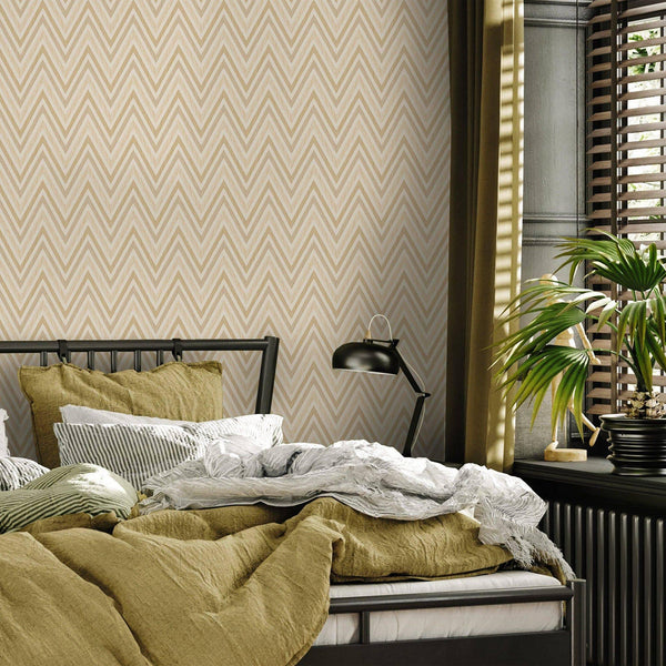 Luxury Beige Chevron Geometric Wallpaper, Traditional Non-Woven Wall Covering, 41.7"W x 614"H, Washable Removable for Living 