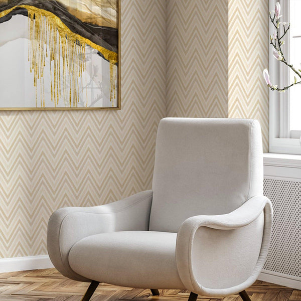 Luxury Beige Chevron Geometric Wallpaper, Traditional Non-Woven Wall Covering, 41.7"W x 614"H, Washable Removable for Living 