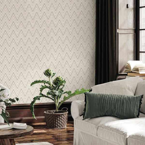 Luxury Cream Chevron Geometric Wallpaper, Contemporary Non-Woven Wall Covering, 41.7"W x 614"H, Washable Removable for Living