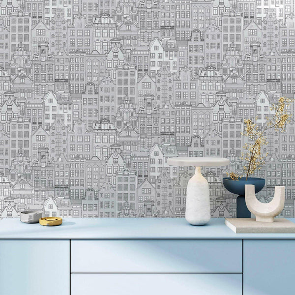 Luxury Gray Cityscape Embossed 3D Embossed Wallpaper, Traditional Non-Woven Wall Covering, 41.7"W x 398"H, Washable Removable