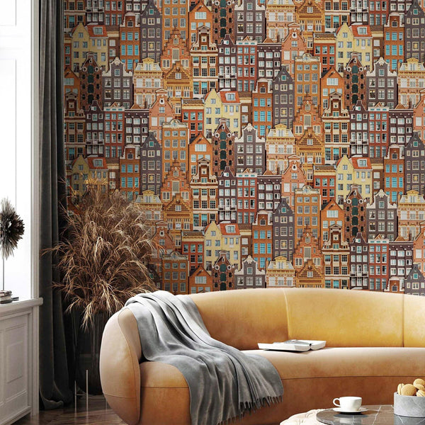 Luxury Orange Cityscape Embossed 3D Embossed Wallpaper, Contemporary Non-Woven Wall Covering, 41.7"W x 398"H, Washable Remova