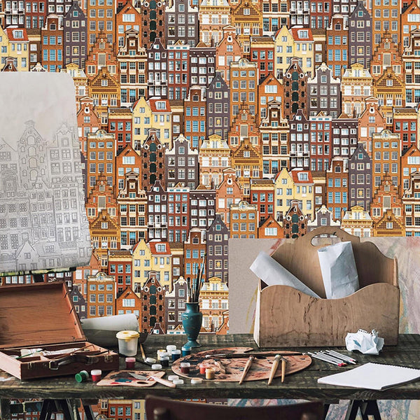 Luxury Orange Cityscape Embossed 3D Embossed Wallpaper, Contemporary Non-Woven Wall Covering, 41.7"W x 398"H, Washable Remova