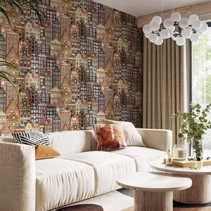 Luxury Orange Cityscape Embossed 3D Embossed Wallpaper, Contemporary Non-Woven Wall Covering, 41.7"W x 398"H, Washable Remova