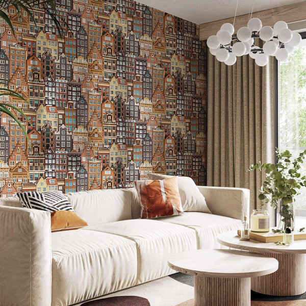 Luxury Orange Cityscape Embossed 3D Embossed Wallpaper, Contemporary Non-Woven Wall Covering, 41.7"W x 398"H, Washable Remova