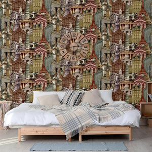 Luxury Red Cityscape Textured Wallpaper, Traditional Non-Woven Wall Covering, 41.7"W x 398"H, Washable Removable for Living R
