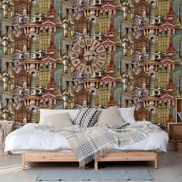 Luxury Red Cityscape Textured Wallpaper, Traditional Non-Woven Wall Covering, 41.7"W x 398"H, Washable Removable for Living R