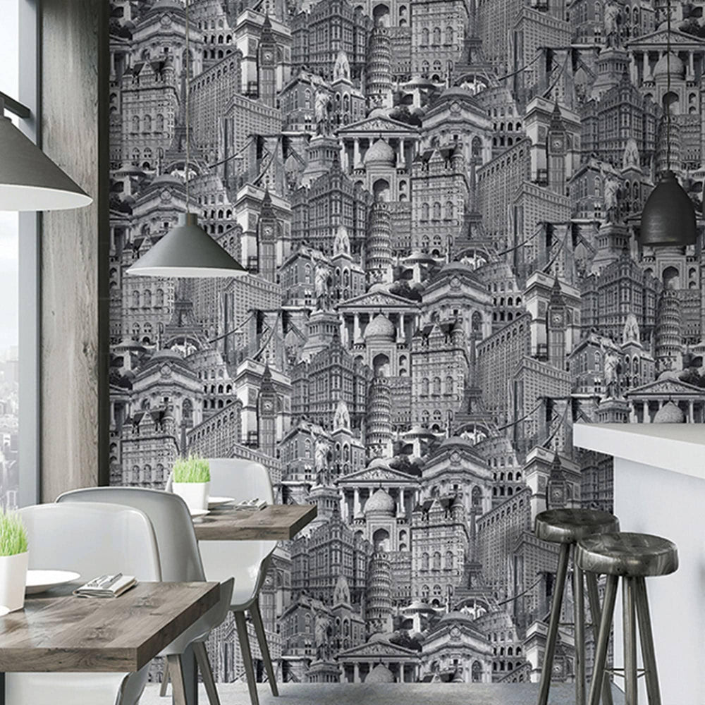 Luxury Black Cityscape Textured Wallpaper, Traditional Non-Woven Wall Covering, 41.7"W x 398"H, Washable Removable for Living