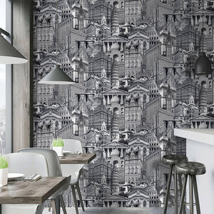 Luxury Black Cityscape Textured Wallpaper, Traditional Non-Woven Wall Covering, 41.7"W x 398"H, Washable Removable for Living