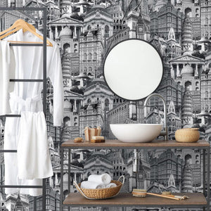 Luxury Black Cityscape Textured Wallpaper, Traditional Non-Woven Wall Covering, 41.7"W x 398"H, Washable Removable for Living