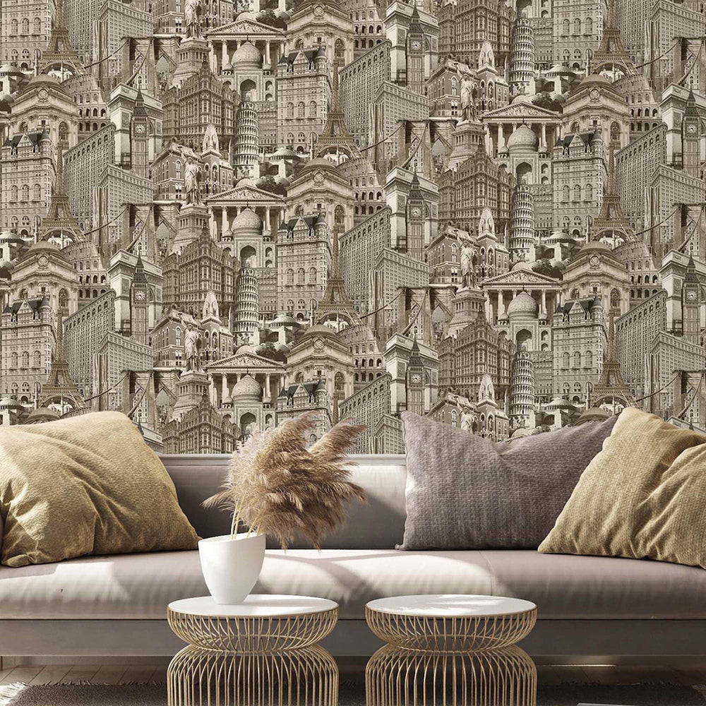 Luxury Yellow Cityscape Textured Wallpaper, Traditional Non-Woven Wall Covering, 41.7"W x 398"H, Washable Removable for Livin