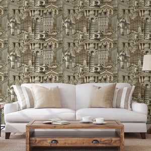 Luxury Yellow Cityscape Textured Wallpaper, Traditional Non-Woven Wall Covering, 41.7"W x 398"H, Washable Removable for Livin