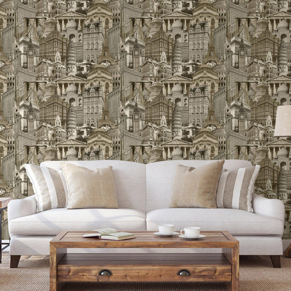 Luxury Yellow Cityscape Textured Wallpaper, Traditional Non-Woven Wall Covering, 41.7"W x 398"H, Washable Removable for Livin