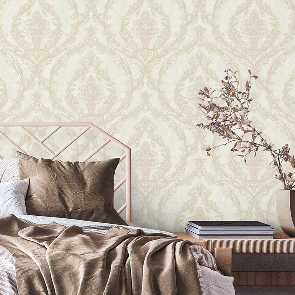 Luxury Cream Damask Embossed 3D Embossed Wallpaper, Boho Non-Woven Wall Covering, 41.7"W x 398"H, Washable Removable for Livi