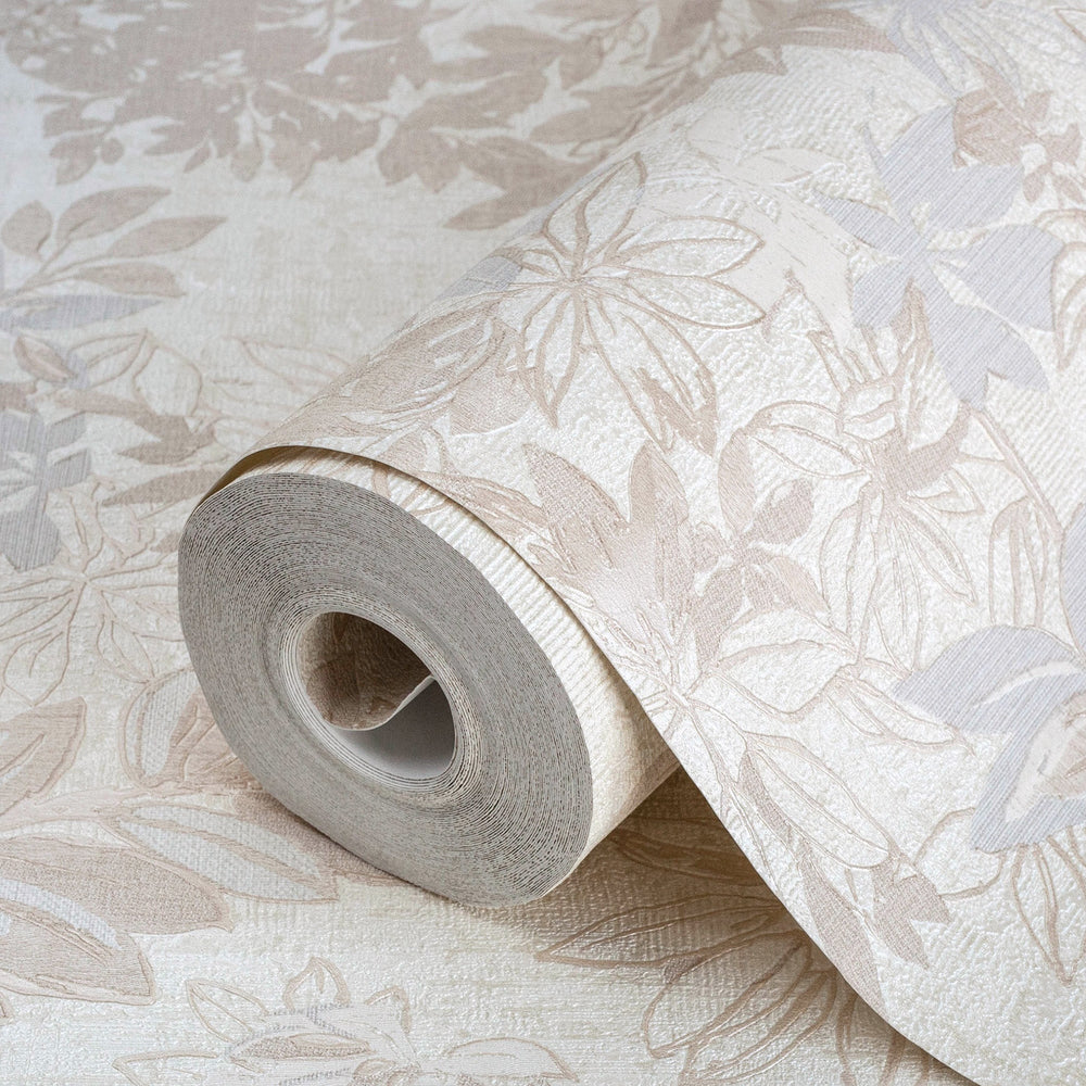 Luxury Beige Floral Leaves 3D Embossed Wallpaper, Country Non-Woven Wall Covering, 41.7"W x 614"H, Washable Removable for Liv
