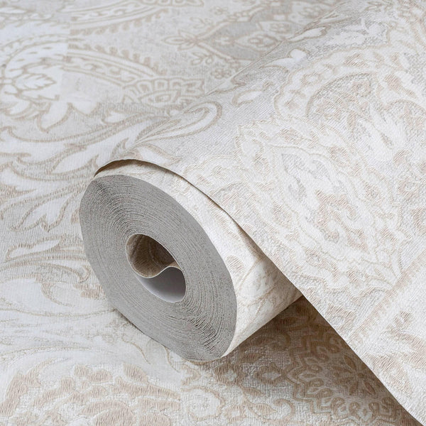 Luxury Cream Damask Textured 3D Embossed Wallpaper, Country Non-Woven Wall Covering, 41.7"W x 614"H, Washable Removable for L