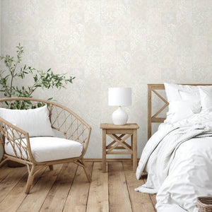 Luxury Cream Damask Textured 3D Embossed Wallpaper, Country Non-Woven Wall Covering, 41.7"W x 614"H, Washable Removable for L