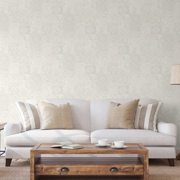 Luxury Cream Damask Textured 3D Embossed Wallpaper, Country Non-Woven Wall Covering, 41.7"W x 614"H, Washable Removable for L