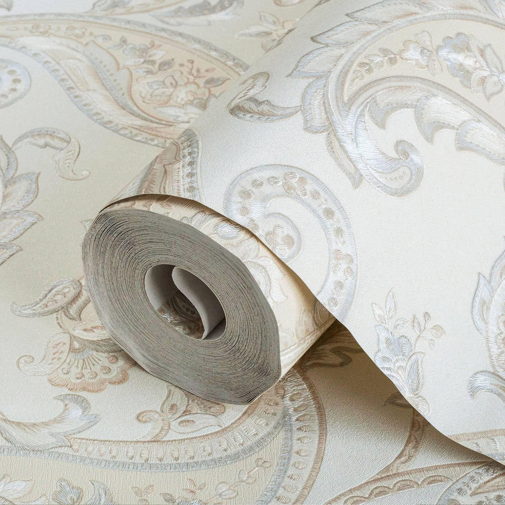 Luxury Cream Paisley Textured Wallpaper, Boho Non-Woven Wall Covering, 41.7"W x 614"H, Washable Removable for Living Room Bed