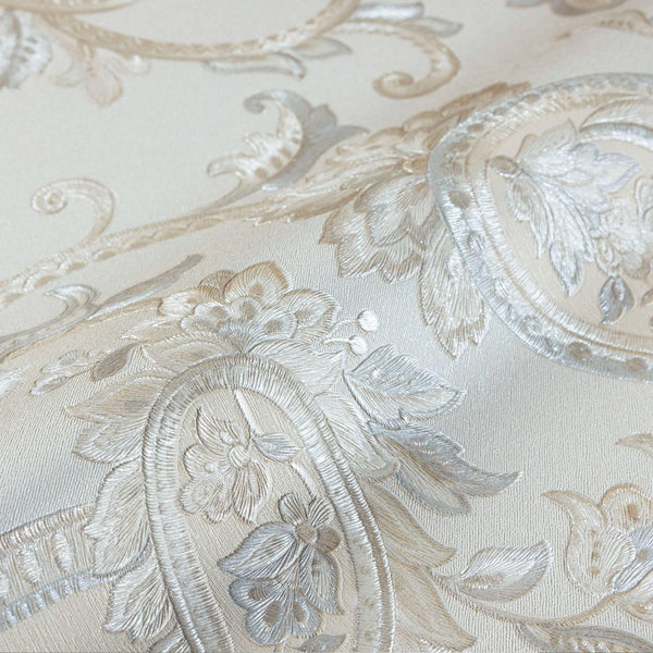 Luxury Cream Paisley Textured Wallpaper, Boho Non-Woven Wall Covering, 41.7"W x 614"H, Washable Removable for Living Room Bed