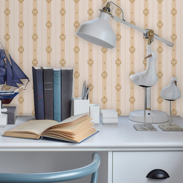 Luxury Cream Damask Striped Wallpaper, Glam Non-Woven Wall Covering, 41.7"W x 398"H, Washable Removable for Living Room Bedro