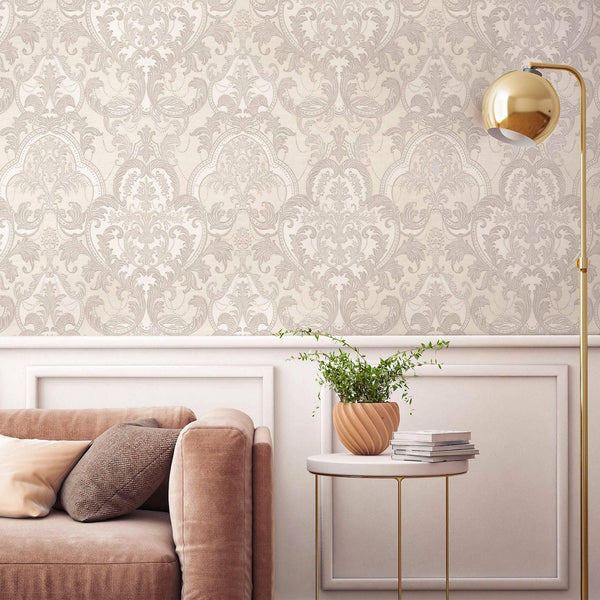 Luxury Cream Damask Velvet 3D Embossed Wallpaper, Premium Non-Woven Wall Covering, 41.7"W x 398"H, Washable Removable for Liv
