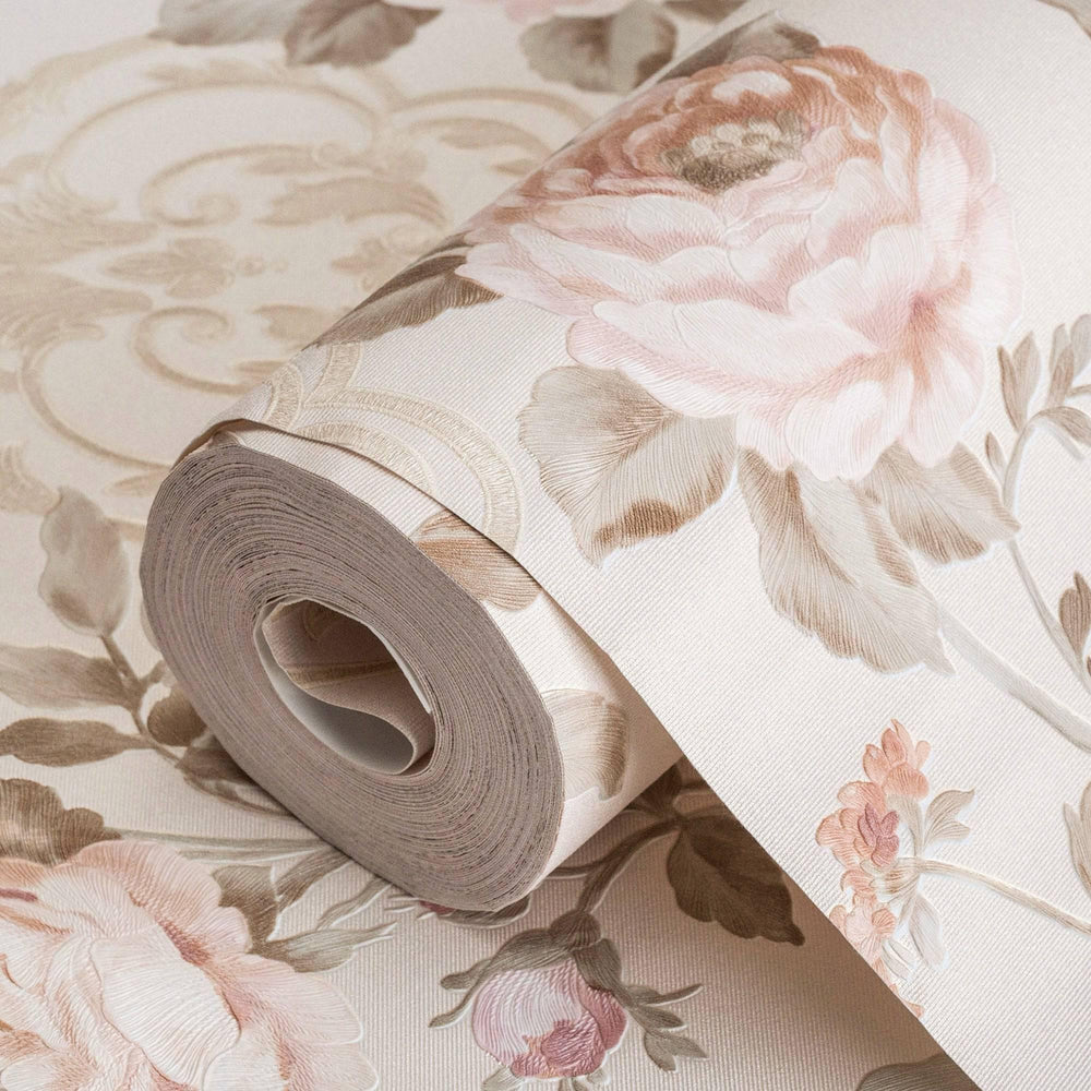 Luxury Cream Floral Embossed 3D Embossed Wallpaper, Mediterranean Non-Woven Wall Covering, 41.7"W x 398"H, Washable Removable