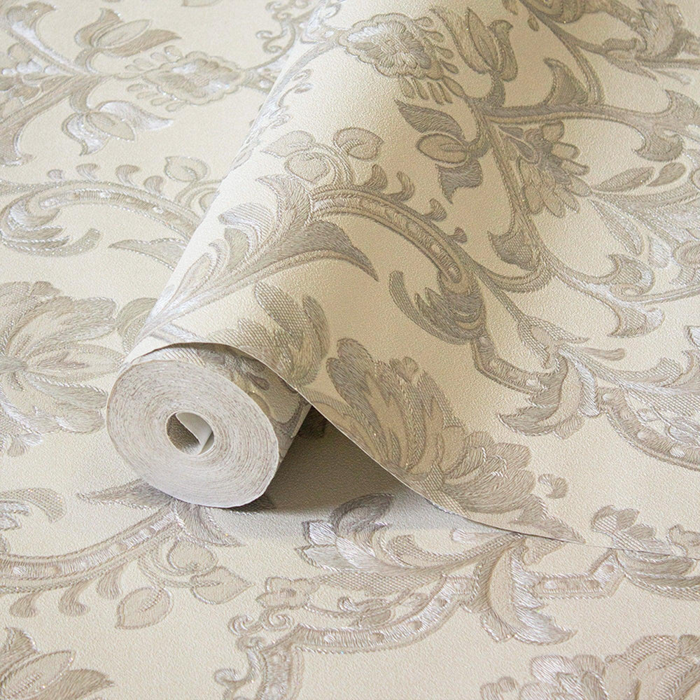 Luxury Cream Damask Textured Wallpaper, Premium Non-Woven Wall Covering, 41.7"W x 398"H, Washable Removable for Living Room B