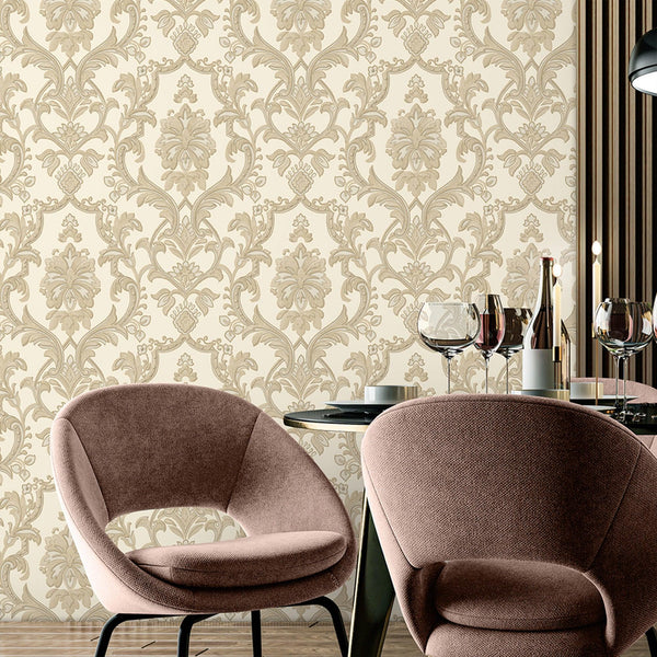 Luxury Cream Damask Textured Wallpaper, Premium Non-Woven Wall Covering, 41.7"W x 398"H, Washable Removable for Living Room B