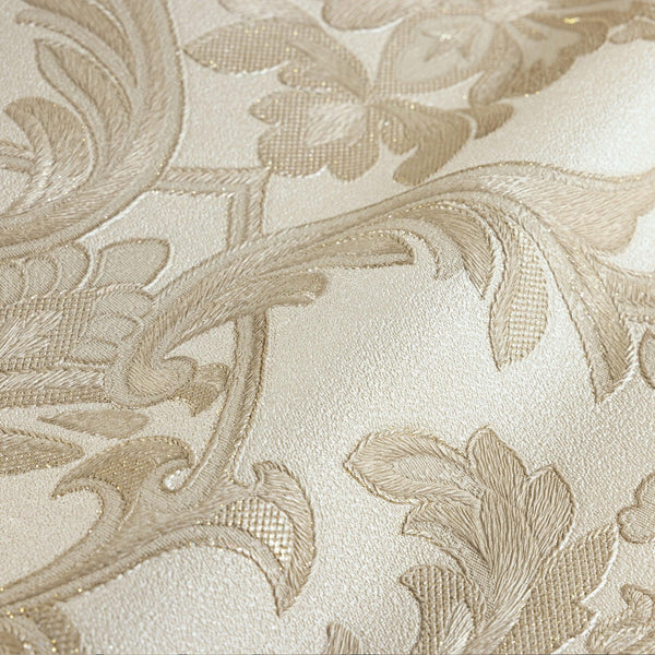 Luxury Cream Damask Textured Wallpaper, Premium Non-Woven Wall Covering, 41.7"W x 398"H, Washable Removable for Living Room B